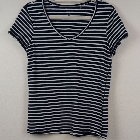 Toad & Co Marley Navy and White Striped Short Sleeve V-Neck Blouse Top Size M - Picture 9 of 9